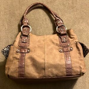 Medium size Light Brown Fabric and Tan Hobo Handbag